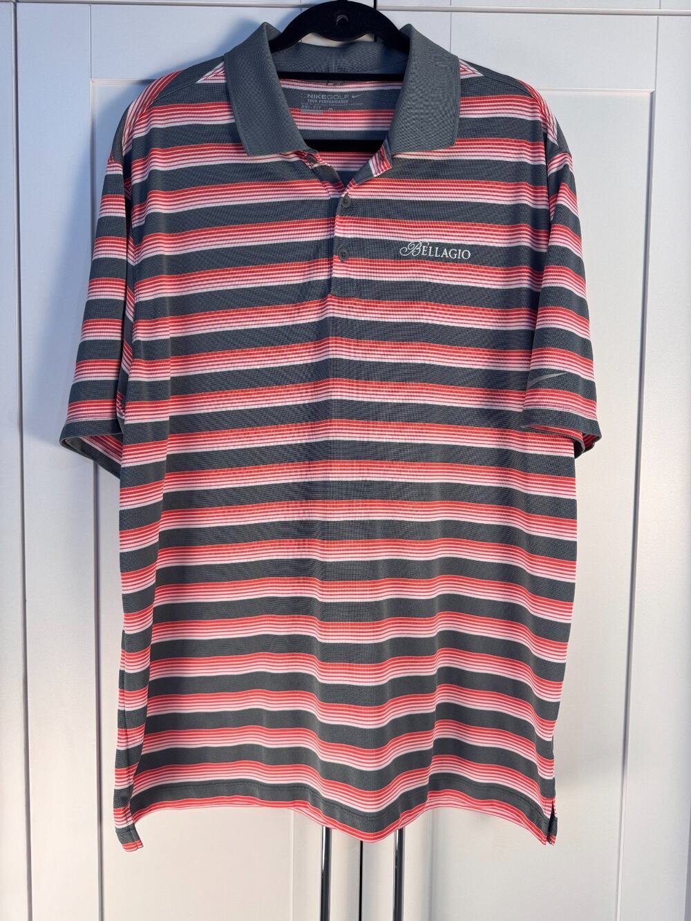 Nike Golf Dri Fit Polo Shirt BELLAGIO Las Vegas Mens XL Red Black Striped